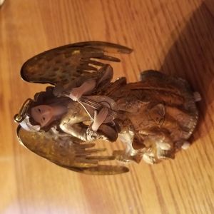 Ceramic & Metal Winged Gold Angel Ornament, playing lute